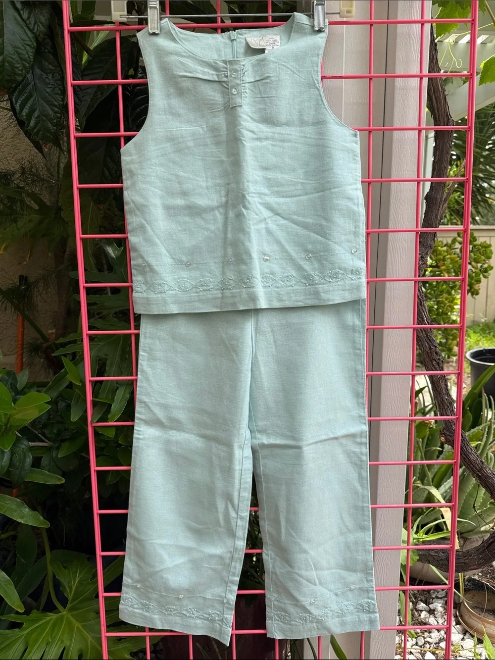 Vintage Light Blue Embroidered Linen Two-Piece Set